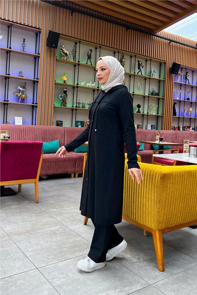 Kapşonlu Düğmeli Sade Basic Uzun Tunik ve Pantolon İkili Spor Takım - 03072.003 - Siyah - 8