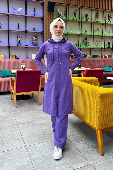 Kapşonlu Düğmeli Sade Basic Uzun Tunik ve Pantolon İkili Spor Takım - 03072.207 - Koyu Lila - 3