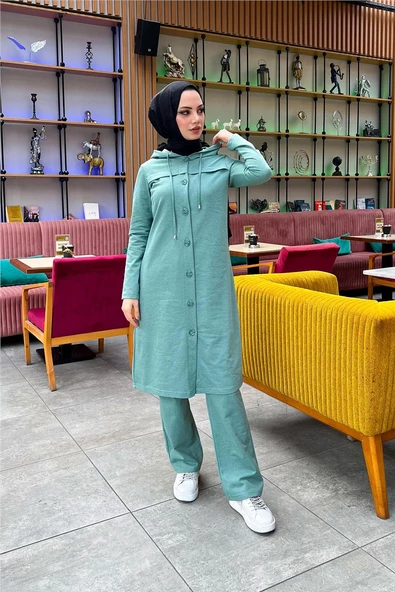 Kapşonlu Düğmeli Sade Basic Uzun Tunik ve Pantolon İkili Spor Takım - 03072.100 - Çağla Yeşili - Resim 5