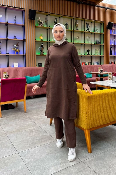 Kapşonlu Yandat Çıtçıtlı Sade Basic Uzun Tunik ve Pantolon İkili Spor Takım - 03071.028 - Kahverengi - 8