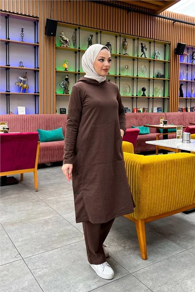 Kapşonlu Yandat Çıtçıtlı Sade Basic Uzun Tunik ve Pantolon İkili Spor Takım - 03071.028 - Kahverengi - 4