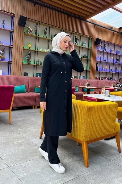 Kapşonlu Düğmeli Sade Basic Uzun Tunik ve Pantolon İkili Spor Takım - 03072.003 - Siyah - 4