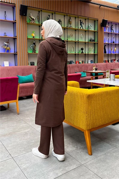 Kapşonlu Düğmeli Sade Basic Uzun Tunik ve Pantolon İkili Spor Takım - 03072.028 - Kahverengi - Resim 8