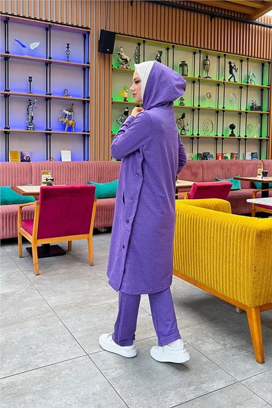 Kapşonlu Yandat Çıtçıtlı Sade Basic Uzun Tunik ve Pantolon İkili Spor Takım - 03071.207 - Koyu Lila - 11