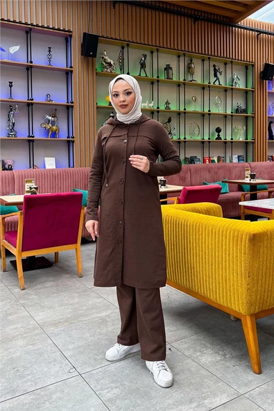 Kapşonlu Düğmeli Sade Basic Uzun Tunik ve Pantolon İkili Spor Takım - 03072.028 - Kahverengi ürün görseli