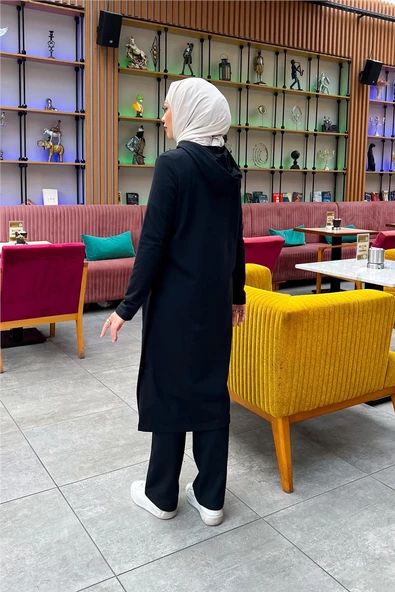 Kapşonlu Düğmeli Sade Basic Uzun Tunik ve Pantolon İkili Spor Takım - 03072.003 - Siyah - 2