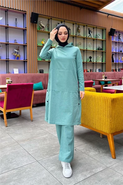 Kapşonlu Yandat Çıtçıtlı Sade Basic Uzun Tunik ve Pantolon İkili Spor Takım - 03071.100 - Çağla Yeşili - Resim 4