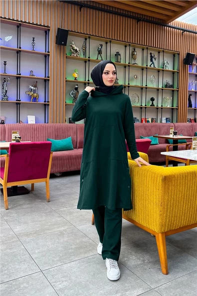 Kapşonlu Yandat Çıtçıtlı Sade Basic Uzun Tunik ve Pantolon İkili Spor Takım - 03071.021 - Nefti - 3