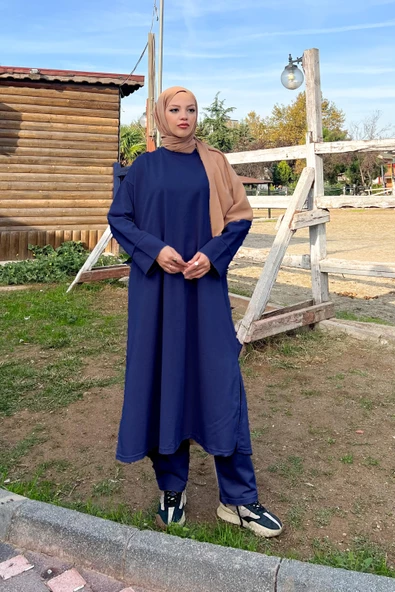 O Yaka Yırtmançlı Uzun Geniş Rahat Tunik Pantolon Sade Basic Spor Takımı - 03040.006 - İndigo - 5