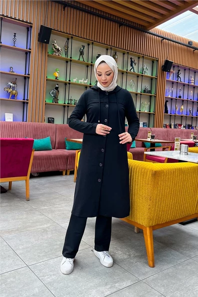 Kapşonlu Düğmeli Sade Basic Uzun Tunik ve Pantolon İkili Spor Takım - 03072.003 - Siyah - 11