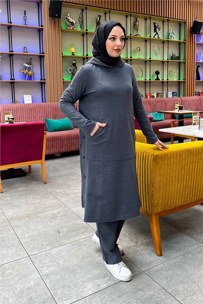 Kapşonlu Yandat Çıtçıtlı Sade Basic Uzun Tunik ve Pantolon İkili Spor Takım - 03071.017 - Antrasit - Resim 8