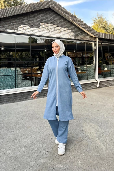 Bisiklet Yaka Fermuarlı Uzun Tunik Sade Basic Spor Takımı - 03044.006 - İndigo - 4