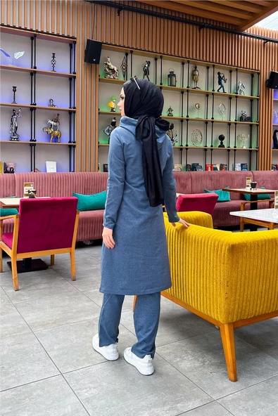 Kapşonlu Düğmeli Sade Basic Uzun Tunik ve Pantolon İkili Spor Takım - 03072.006 - İndigo - Resim 5