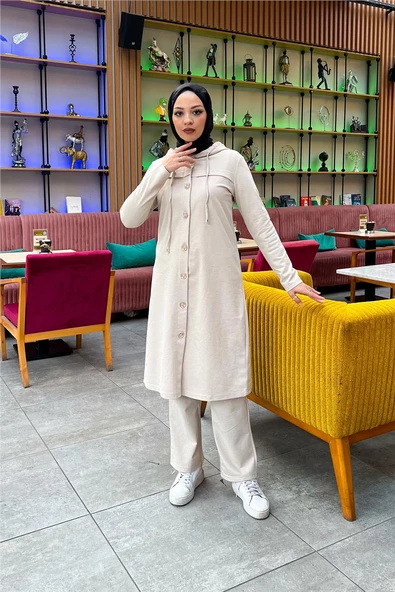 Kapşonlu Düğmeli Sade Basic Uzun Tunik ve Pantolon İkili Spor Takım - 03072.027 - Ekru - Resim 4