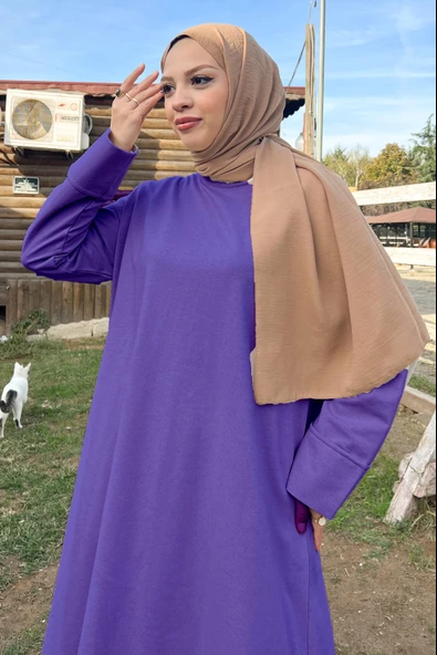 O Yaka Yırtmançlı Uzun Geniş Rahat Tunik Pantolon Sade Basic Spor Takımı - 03040.207 - Koyu Lila - 3