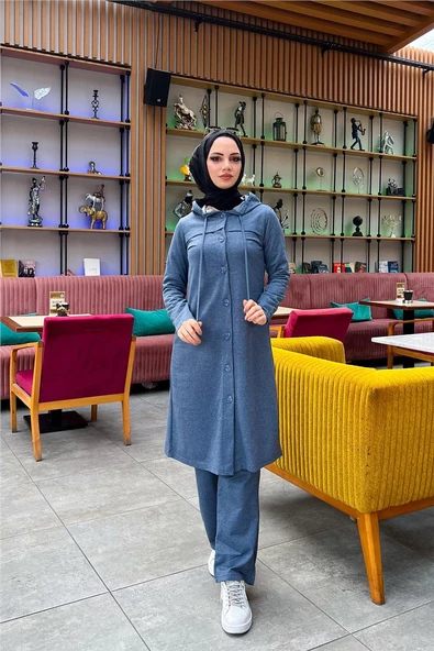 Kapşonlu Düğmeli Sade Basic Uzun Tunik ve Pantolon İkili Spor Takım - 03072.006 - İndigo - Resim 8