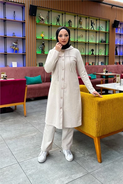 Kapşonlu Düğmeli Sade Basic Uzun Tunik ve Pantolon İkili Spor Takım - 03072.027 - Ekru - Resim 6