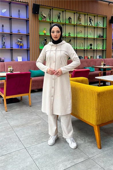 Kapşonlu Düğmeli Sade Basic Uzun Tunik ve Pantolon İkili Spor Takım - 03072.027 - Ekru - Resim 3