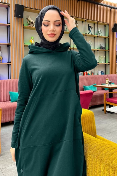 Kapşonlu Yandat Çıtçıtlı Sade Basic Uzun Tunik ve Pantolon İkili Spor Takım - 03071.021 - Nefti - 8