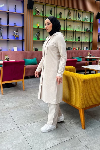 Kapşonlu Düğmeli Sade Basic Uzun Tunik ve Pantolon İkili Spor Takım - 03072.027 - Ekru - Resim 11