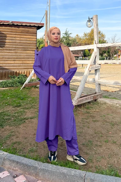 O Yaka Yırtmançlı Uzun Geniş Rahat Tunik Pantolon Sade Basic Spor Takımı - 03040.207 - Koyu Lila - 4