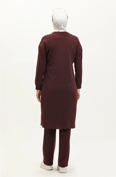 Bisiklet Yaka Fermuarlı Uzun Tunik Sade Basic Spor Takımı - 03044.009 - Bordo - Resim 5