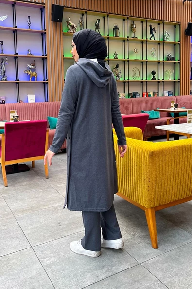 Kapşonlu Yandat Çıtçıtlı Sade Basic Uzun Tunik ve Pantolon İkili Spor Takım - 03071.017 - Antrasit - Resim 9
