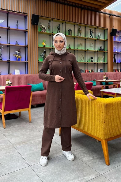 Kapşonlu Düğmeli Sade Basic Uzun Tunik ve Pantolon İkili Spor Takım - 03072.028 - Kahverengi - Resim 6