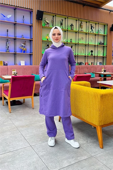 Kapşonlu Yandat Çıtçıtlı Sade Basic Uzun Tunik ve Pantolon İkili Spor Takım - 03071.207 - Koyu Lila