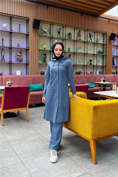 Kapşonlu Düğmeli Sade Basic Uzun Tunik ve Pantolon İkili Spor Takım - 03072.006 - İndigo - Resim 4