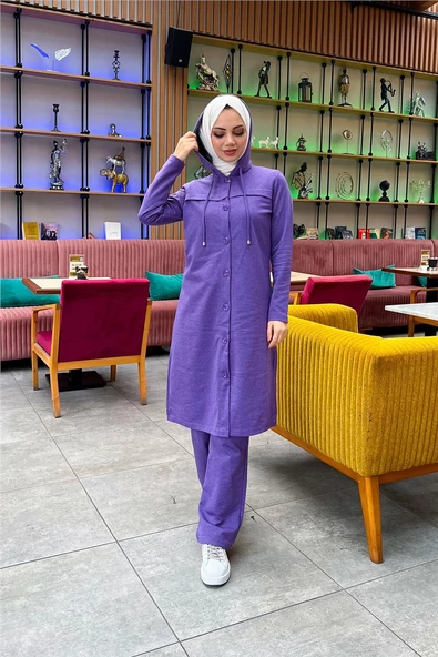 Kapşonlu Düğmeli Sade Basic Uzun Tunik ve Pantolon İkili Spor Takım - 03072.207 - Koyu Lila - 12