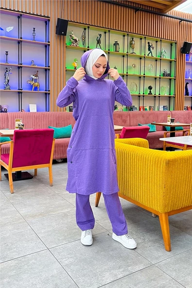 Kapşonlu Yandat Çıtçıtlı Sade Basic Uzun Tunik ve Pantolon İkili Spor Takım - 03071.207 - Koyu Lila - 7