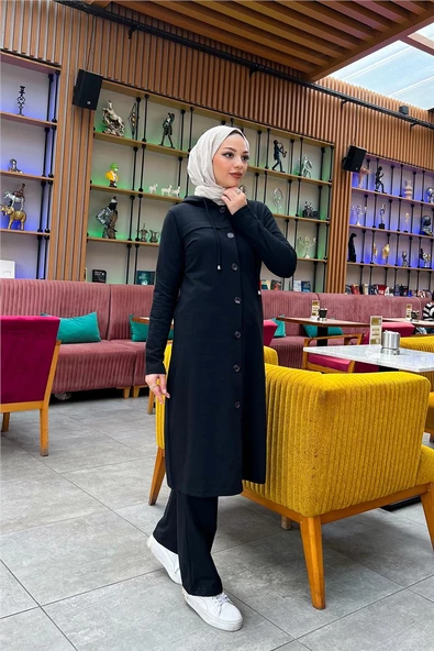 Kapşonlu Düğmeli Sade Basic Uzun Tunik ve Pantolon İkili Spor Takım - 03072.003 - Siyah - 5
