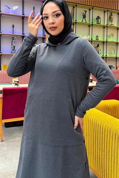 Kapşonlu Yandat Çıtçıtlı Sade Basic Uzun Tunik ve Pantolon İkili Spor Takım - 03071.017 - Antrasit - Resim 11