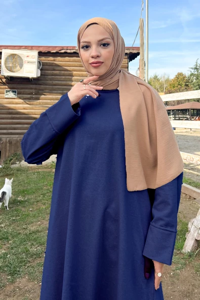 O Yaka Yırtmançlı Uzun Geniş Rahat Tunik Pantolon Sade Basic Spor Takımı - 03040.006 - İndigo - 2