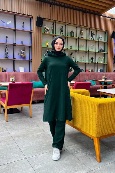 Kapşonlu Yandat Çıtçıtlı Sade Basic Uzun Tunik ve Pantolon İkili Spor Takım - 03071.021 - Nefti - 5