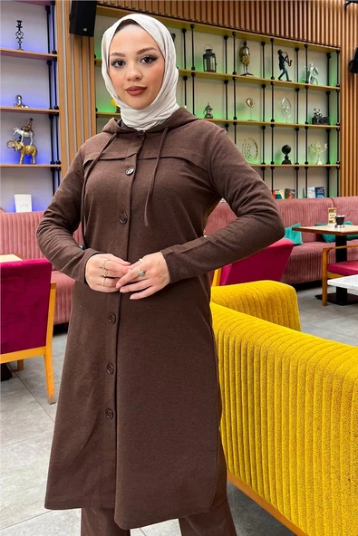 Kapşonlu Düğmeli Sade Basic Uzun Tunik ve Pantolon İkili Spor Takım - 03072.028 - Kahverengi - Resim 10