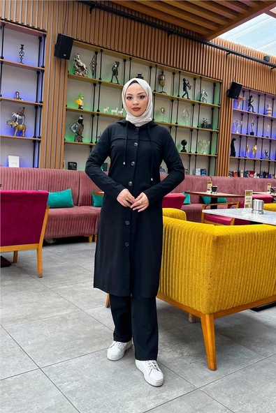 Kapşonlu Düğmeli Sade Basic Uzun Tunik ve Pantolon İkili Spor Takım - 03072.003 - Siyah