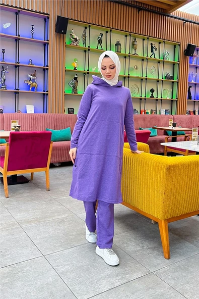 Kapşonlu Yandat Çıtçıtlı Sade Basic Uzun Tunik ve Pantolon İkili Spor Takım - 03071.207 - Koyu Lila - 5