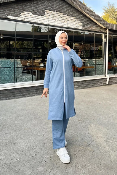 Bisiklet Yaka Fermuarlı Uzun Tunik Sade Basic Spor Takımı - 03044.006 - İndigo - 3