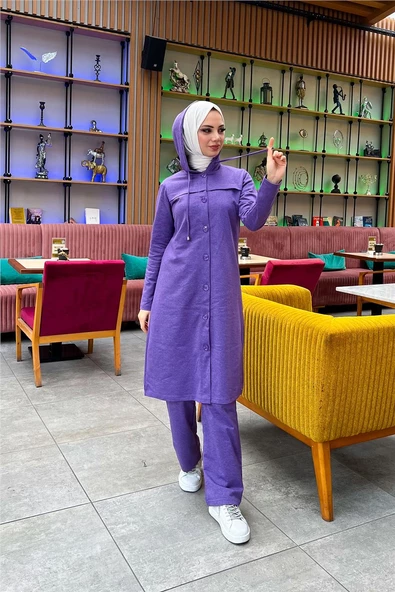 Kapşonlu Düğmeli Sade Basic Uzun Tunik ve Pantolon İkili Spor Takım - 03072.207 - Koyu Lila - 10