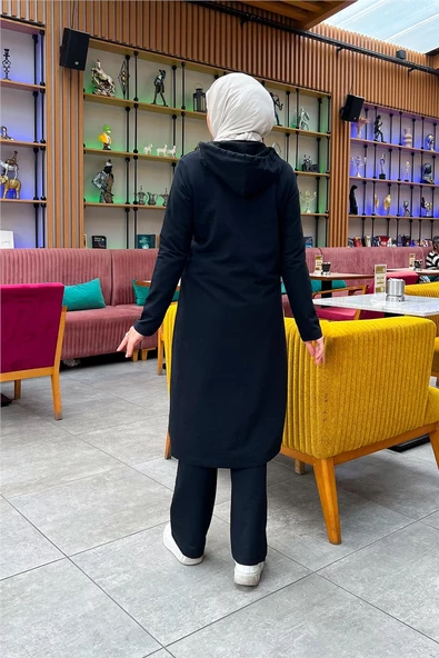 Kapşonlu Düğmeli Sade Basic Uzun Tunik ve Pantolon İkili Spor Takım - 03072.003 - Siyah - 12