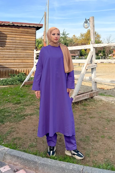 O Yaka Yırtmançlı Uzun Geniş Rahat Tunik Pantolon Sade Basic Spor Takımı - 03040.207 - Koyu Lila - 6