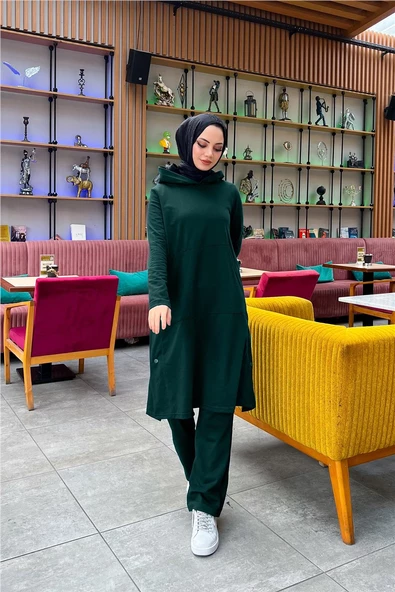 Kapşonlu Yandat Çıtçıtlı Sade Basic Uzun Tunik ve Pantolon İkili Spor Takım - 03071.021 - Nefti - 2