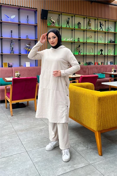 Kapşonlu Yandat Çıtçıtlı Sade Basic Uzun Tunik ve Pantolon İkili Spor Takım - 03071.027 - Ekru - 7