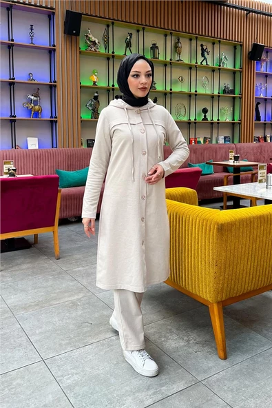 Kapşonlu Düğmeli Sade Basic Uzun Tunik ve Pantolon İkili Spor Takım - 03072.027 - Ekru - Resim 8