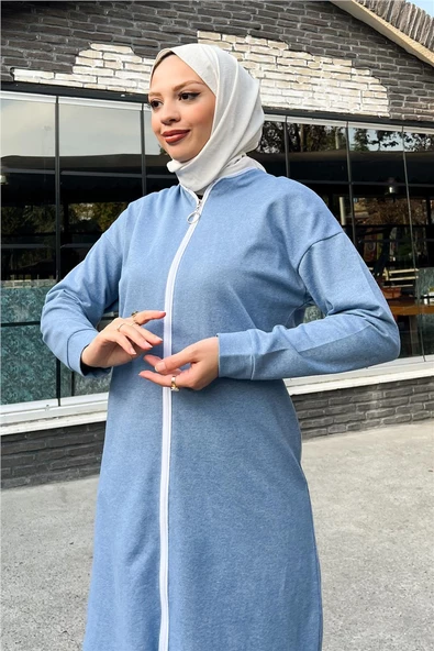 Bisiklet Yaka Fermuarlı Uzun Tunik Sade Basic Spor Takımı - 03044.006 - İndigo - 8