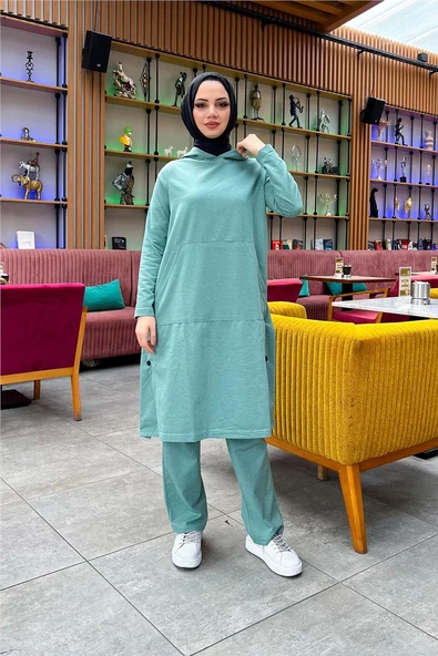 Kapşonlu Yandat Çıtçıtlı Sade Basic Uzun Tunik ve Pantolon İkili Spor Takım - 03071.100 - Çağla Yeşili - Resim 2