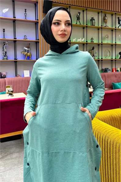 Kapşonlu Yandat Çıtçıtlı Sade Basic Uzun Tunik ve Pantolon İkili Spor Takım - 03071.100 - Çağla Yeşili - Resim 9
