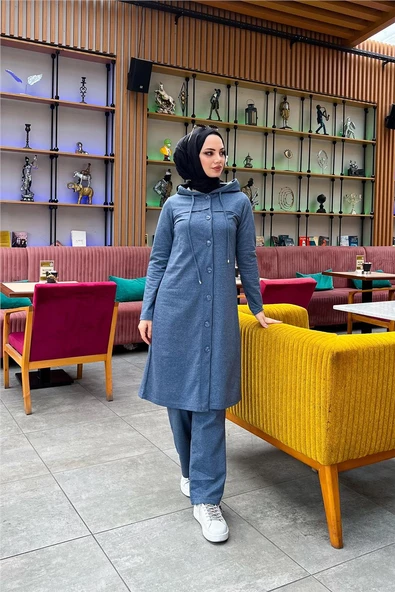 Kapşonlu Düğmeli Sade Basic Uzun Tunik ve Pantolon İkili Spor Takım - 03072.006 - İndigo - Resim 3